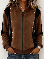 Women's Color-block Stand-collar Long-sleeve Studded Loose Casual Cardigan