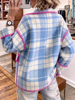 Cozy Plaid Contrast-Stitch Open-Front Jacket