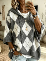 Checked-print Casual Hooded Knit Drawstring Sweatshirt