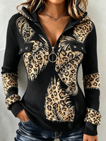 Casual Stretchy Bold Leopard & Feather Hoodie Top