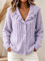 Women's Solid Color Sailor Collar Long-sleeve Casual Loose Textured Crochet Knit Cardigan