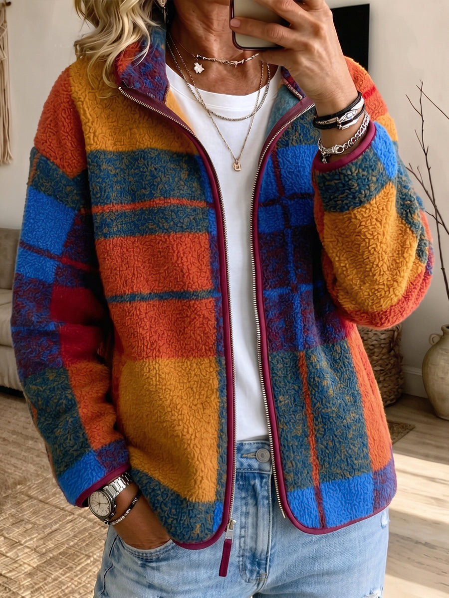 Vibrant Plaid Sherpa Full-Zip Jacket