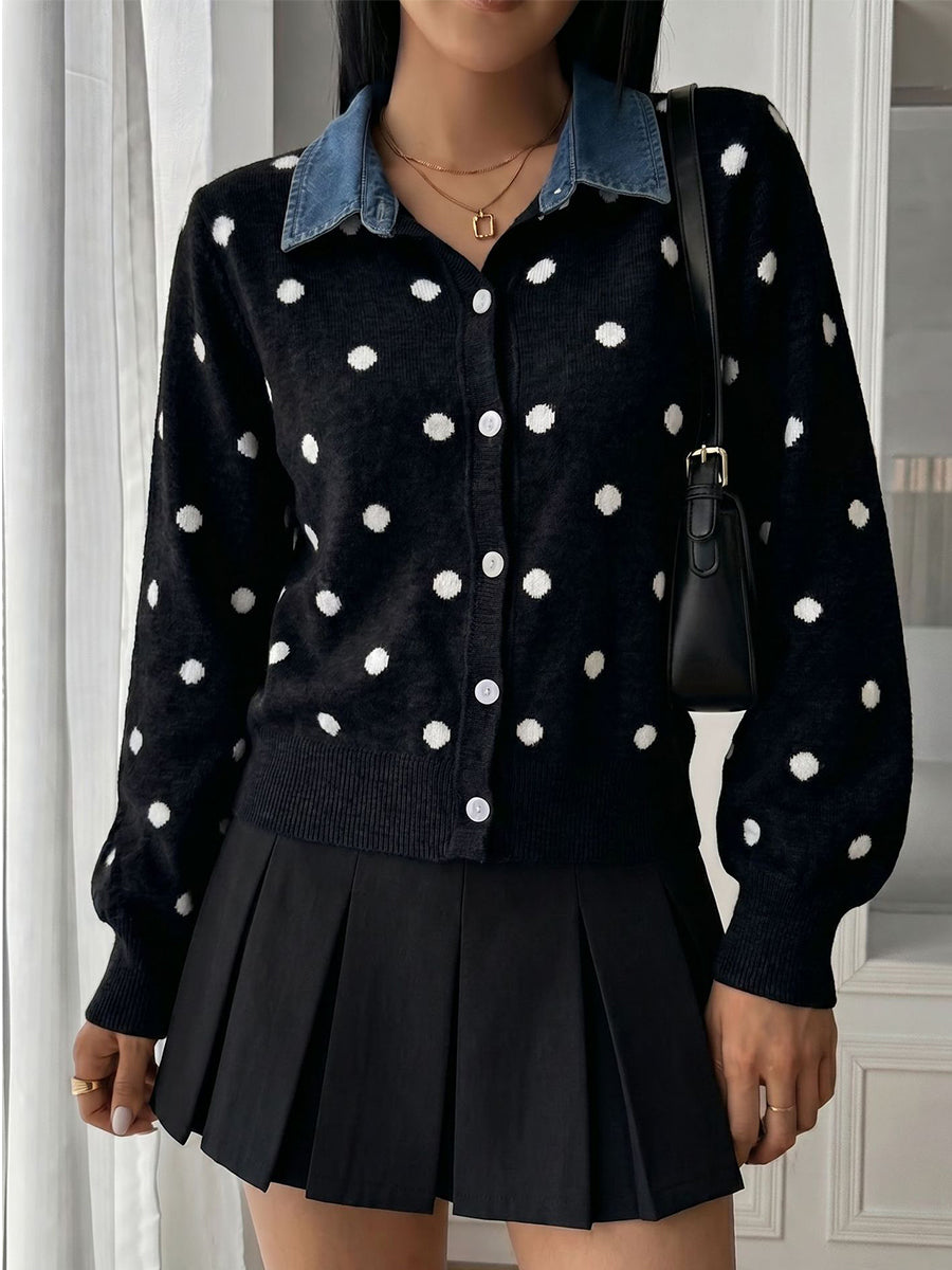 Chic Denim Patchwork Polka Dot Knit Cardigan