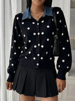 Chic Denim Patchwork Polka Dot Knit Cardigan