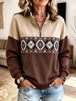 Colorblock Aztec Geometric Print Quarter-zip Sweatshirt