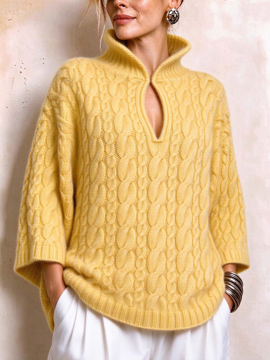 Chunky Cable Knit Split V-neck Oversized Sweater