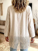 Bohemian Cream Embroidered Fringe Open Front Cardigan