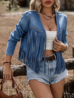 Studded Fringed Open-Front Denim Jacket
