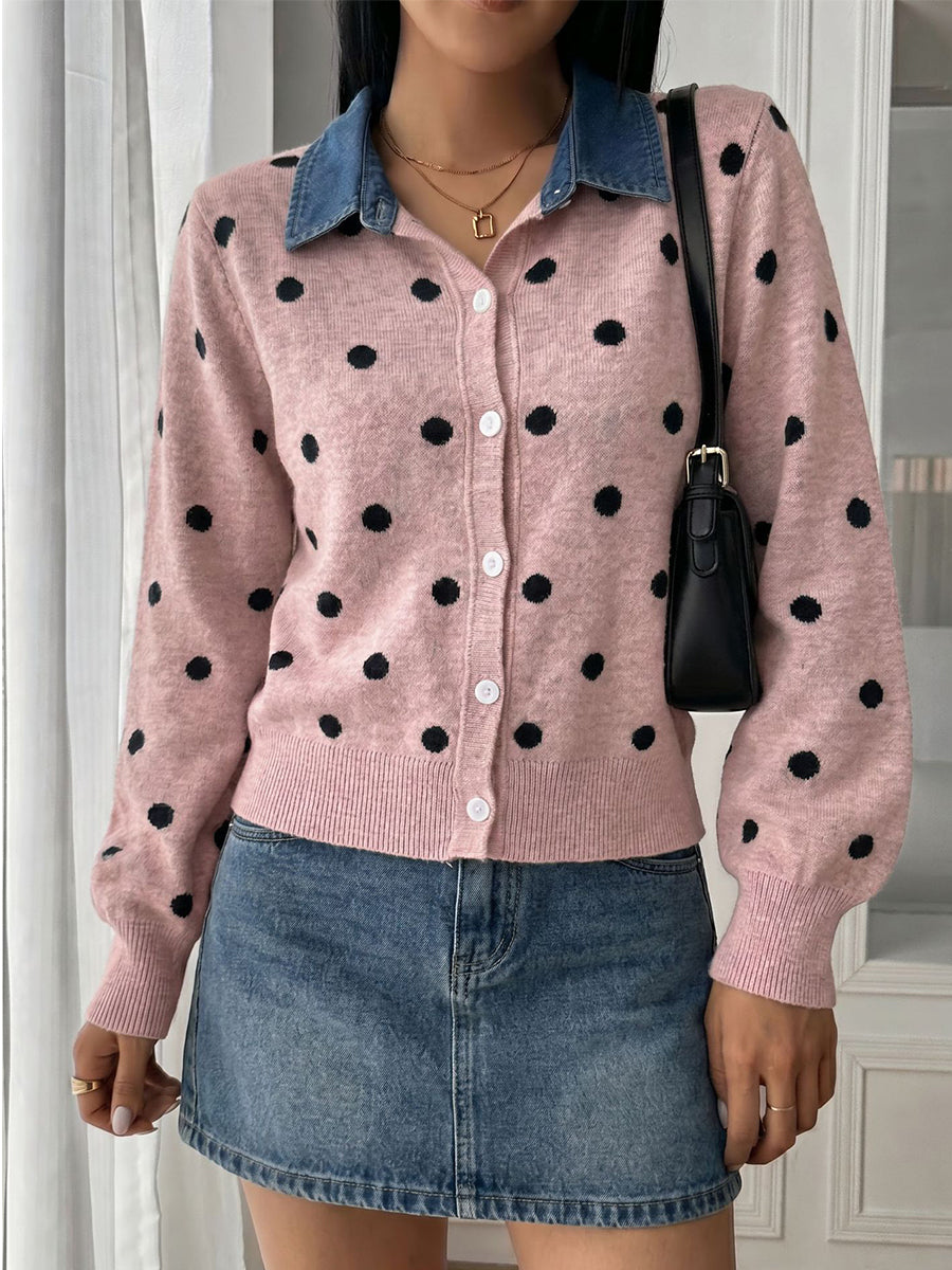 Chic Denim Patchwork Polka Dot Knit Cardigan