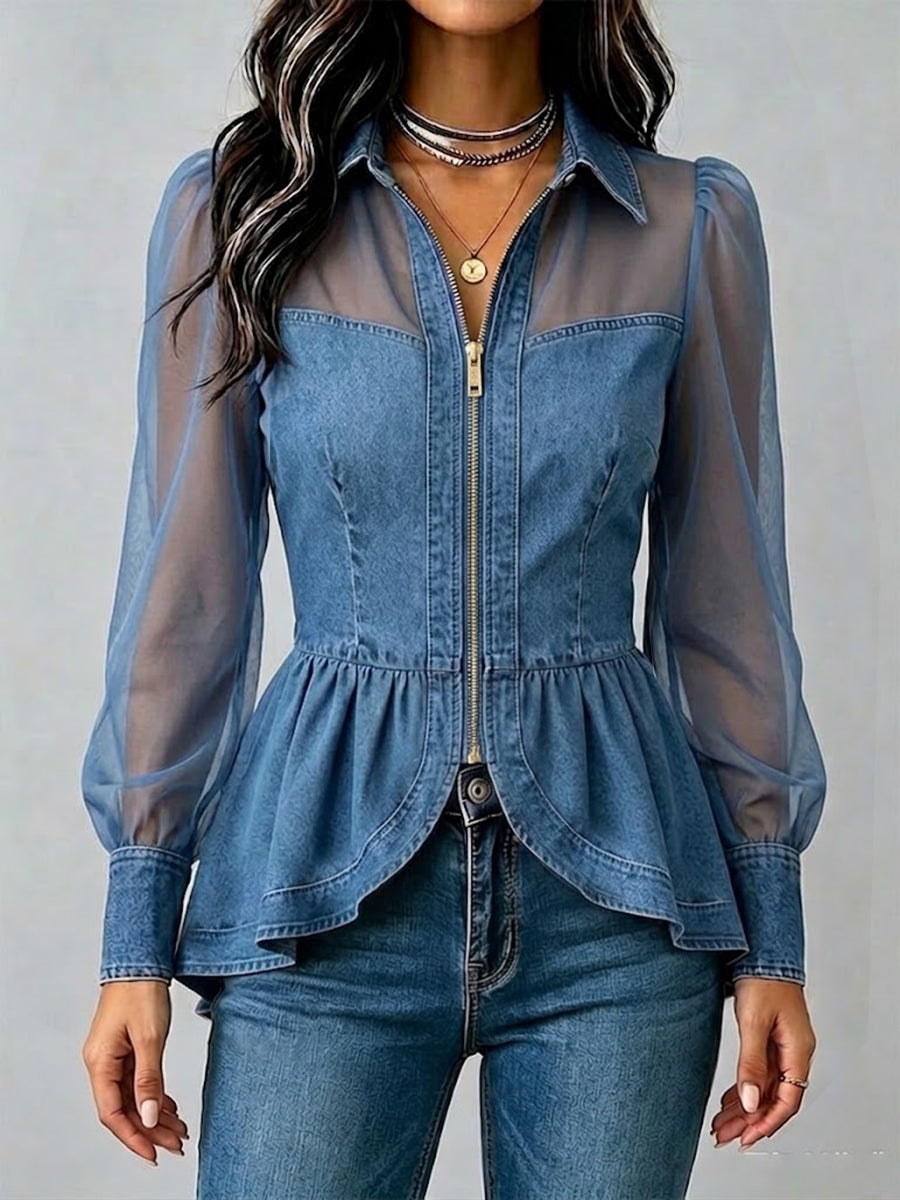 Casual Patchwork Chiffon And Denim Zip-up Shirt