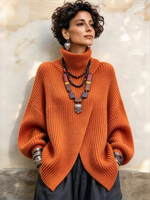 Elegant Asymmetrical Wrap Hem Turtleneck Sweater