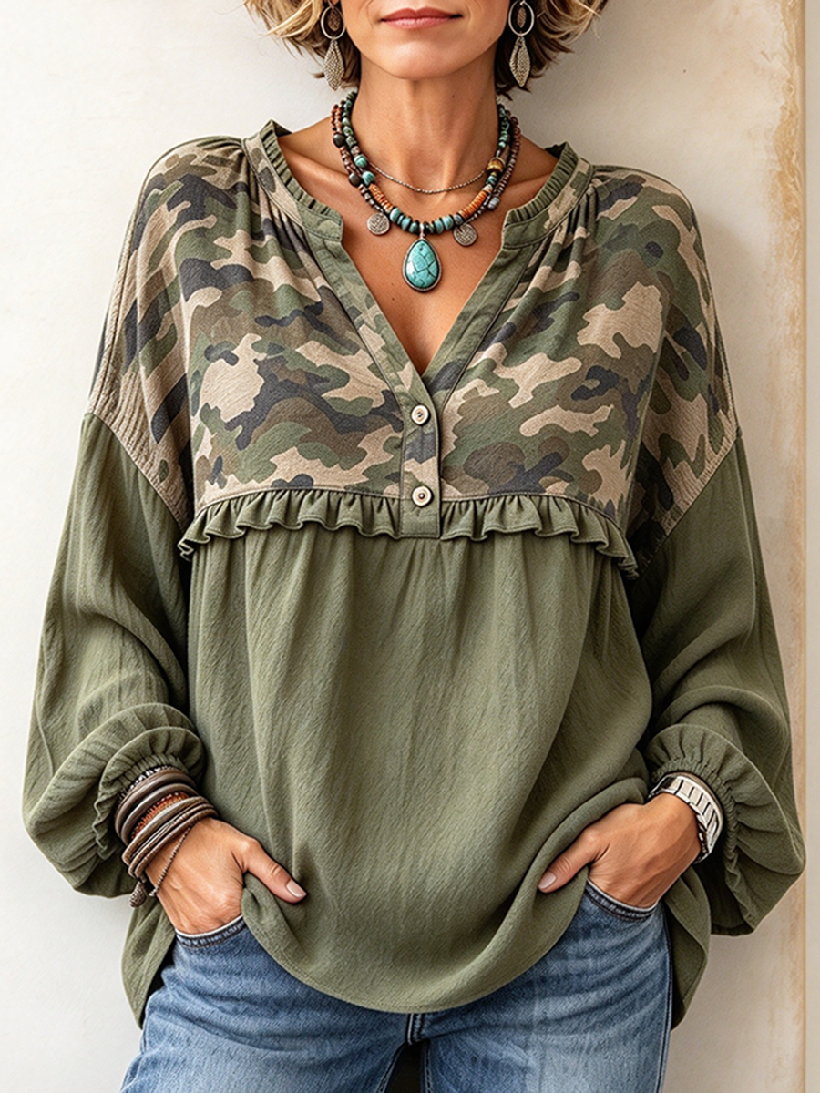 Casual Chic Camouflage Olive Green Top