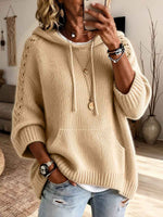 Women's Solid Color V-neck Hollow-out Long Sleeve Casual Loose Hooded Knitted Pullover