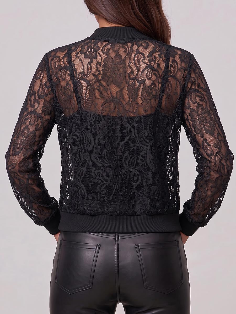 Women's Solid Color Stand Collar Long-sleeved Casual Loose Lace Jacket