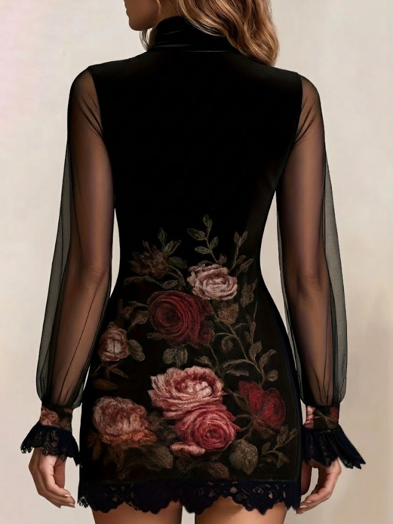 Floral Print Slim-fit Mini Dress With Mesh Paneling