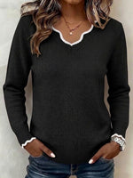 Scalloped Trim V-neck Color Block Long Sleeve Knit Sweater
