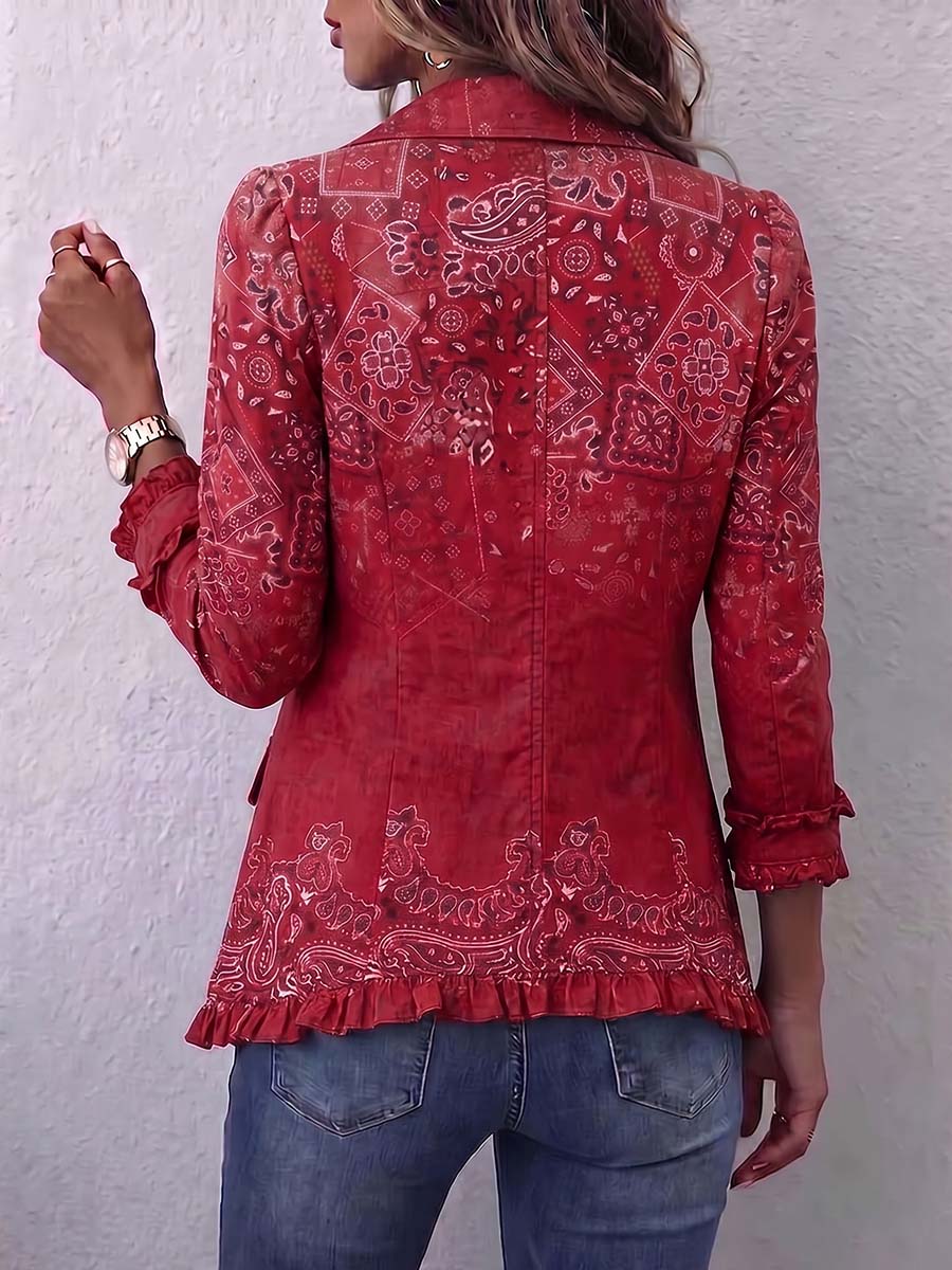 Women's Retro-style Printed Collared Long-sleeved Casual Loose Cardigan