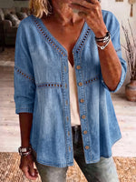 Bohemian Lace Splicing Denim V-neck Tunic Top