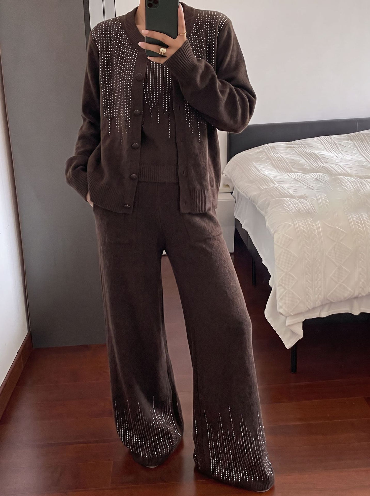 Comfortable Rhinestone Embellished Knit Three-Piece Set