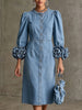 Stylish Mid-length Denim Dress With 3d Floral Cuffs And Front Button Closure