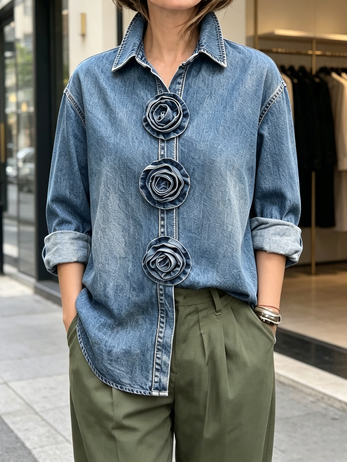 Chic Casual 3d Rose Flower Denim Shirt