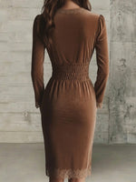 Velvet Dress With A Lace Collar, Smocked Detailing, And A Fitted Waist