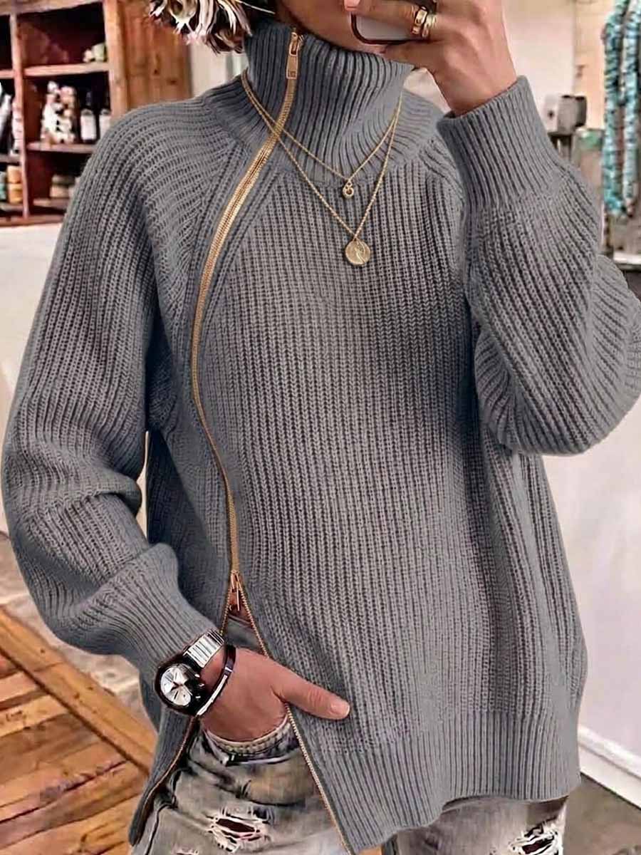 Women's Solid-Color High-Neck Long-Sleeve Loose-Fit Knit Top with Toggle Zipper