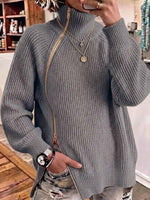 Women's Solid-Color High-Neck Long-Sleeve Loose-Fit Knit Top with Toggle Zipper