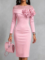 Curated Designer –Solid-color, Slim-fit Dress With A Round Neck And 3d Floral Embellishment On The Side