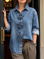 Chic Casual 3d Rose Flower Denim Shirt