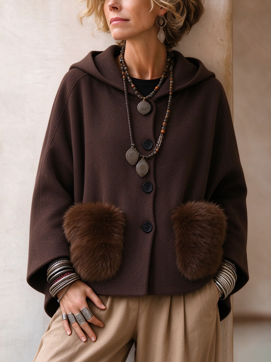 Chic Relaxed Hooded Faux Fur Pocket Wool Blend Coat