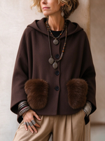 Chic Relaxed Hooded Faux Fur Pocket Wool Blend Coat
