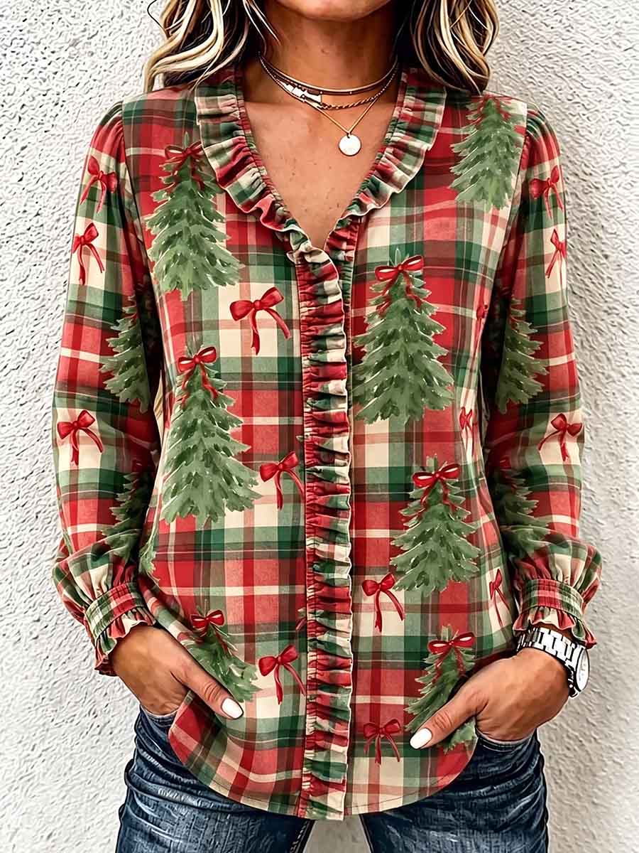 Women's Plaid Christmas Tree Print Cotton-linen Shirt – Lettuce-edge V-neck, Long Sleeve, Loose Casual Fit
