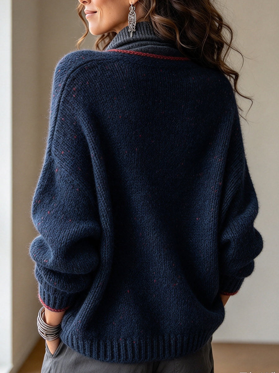 Vintage-style Navy Blue Cardigan With Red Polka Dots, Crafted In A Chunky Knit