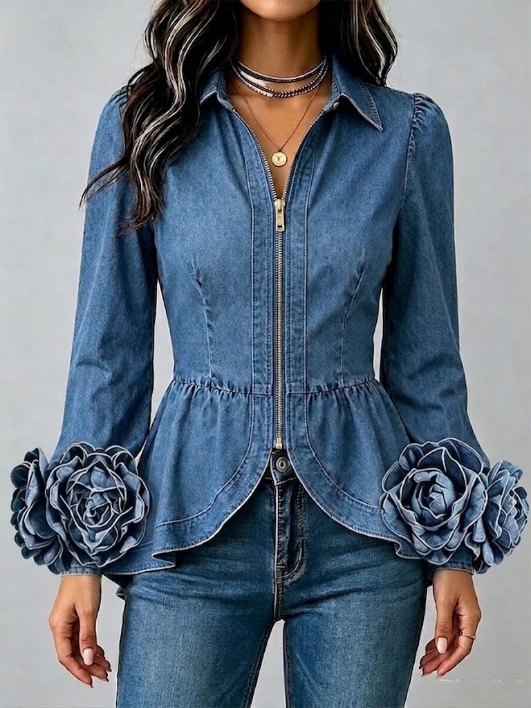 Chic And Exquisite Denim Top Featuring 3d Floral Details On The Cuffs And A Ruffled Hem.