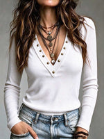 Women's Ribbed Knit Deep V-neck Button Detail Long Sleeve Top