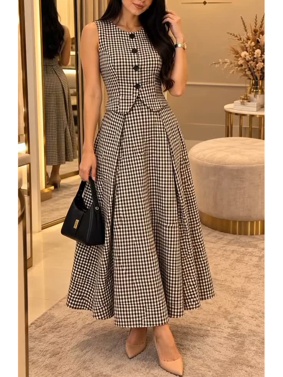 Vintage-style Plaid Cotton Vest And Skirt Two-piece Set