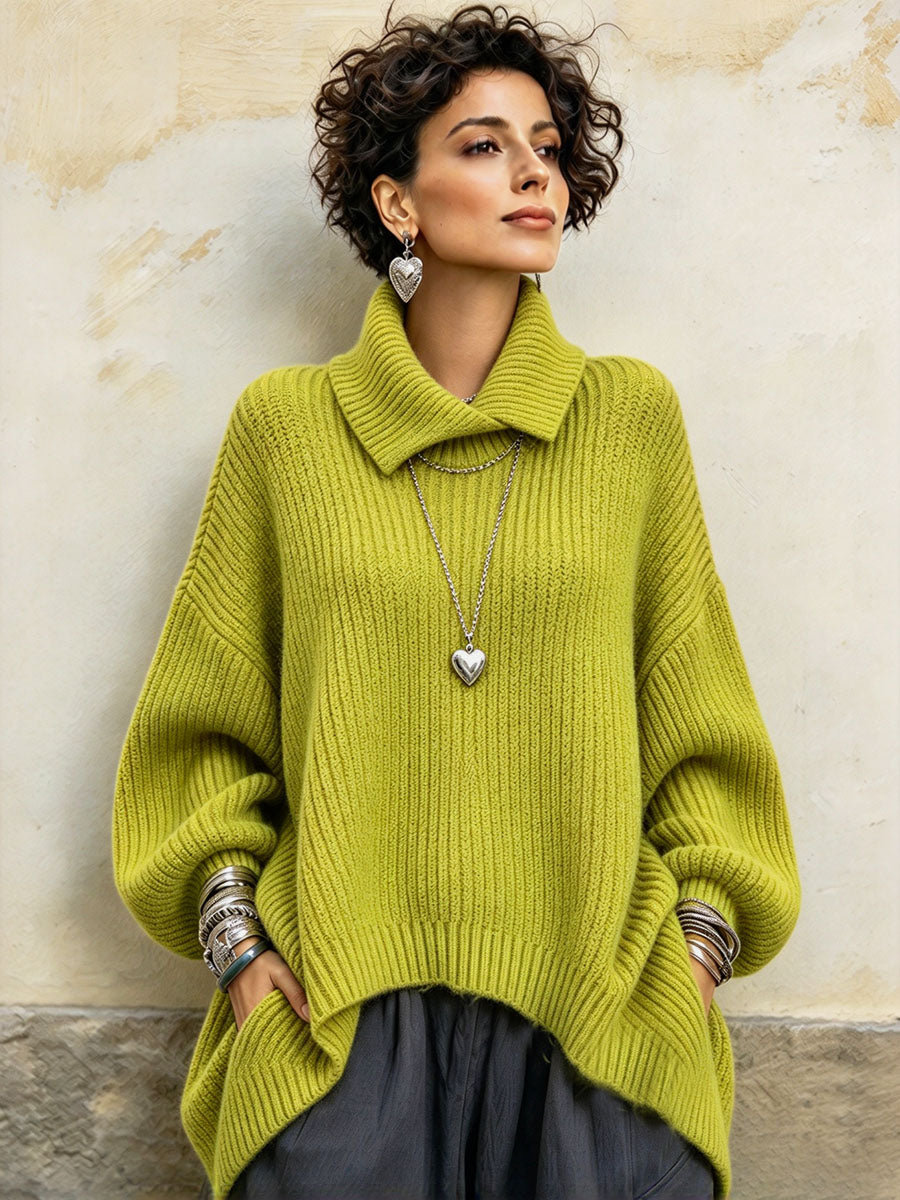Relaxed Cozy Asymmetrical Collar Ribbed Knit Pullover