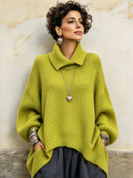 Relaxed Cozy Asymmetrical Collar Ribbed Knit Pullover