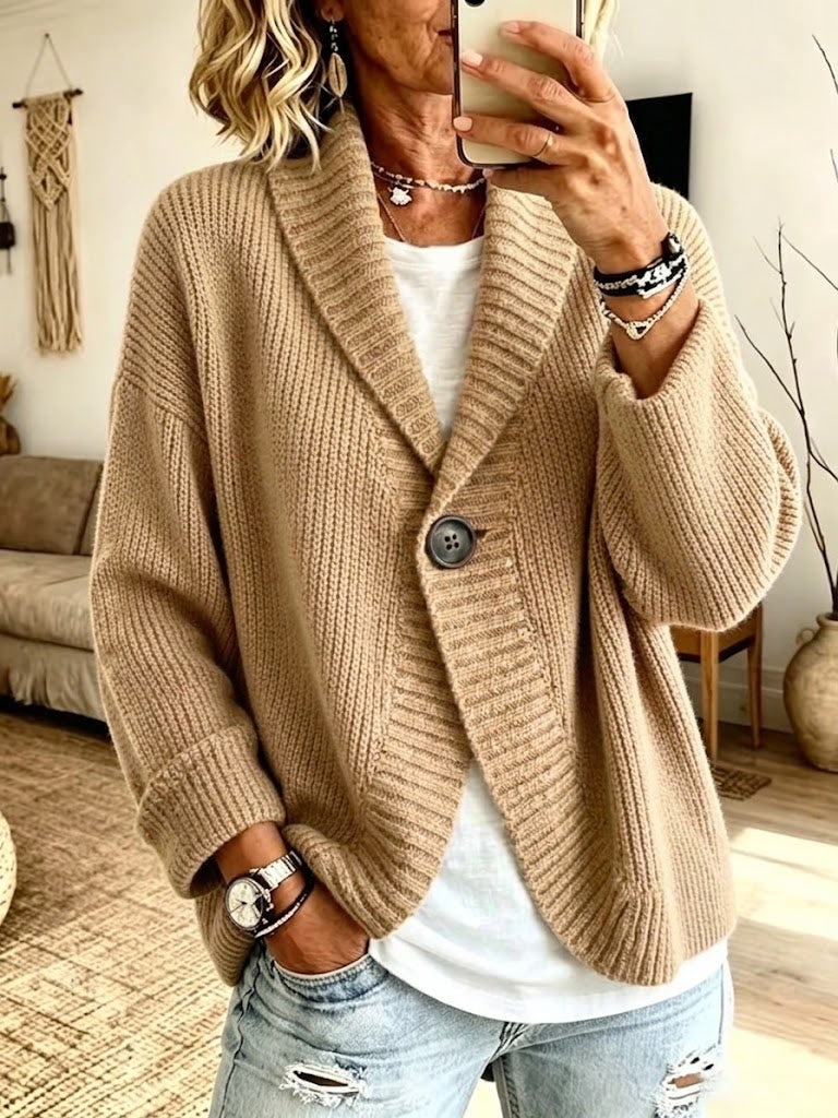 Single-button Chunky Knit Cardigan With A Lapel Collar