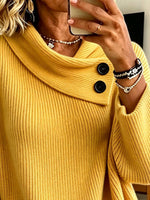 Chic Oversized Button-accented Cowl Neck Knit Sweater