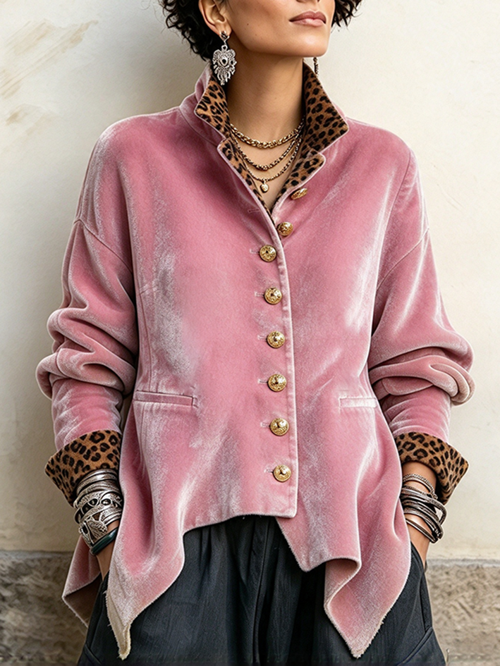 Elegant Chic Leopard Print Pink Velvet Jacket