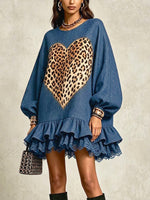 Stylish Heart & Leopard Print Lace-trimmed Linen-cotton Ruffle Dress