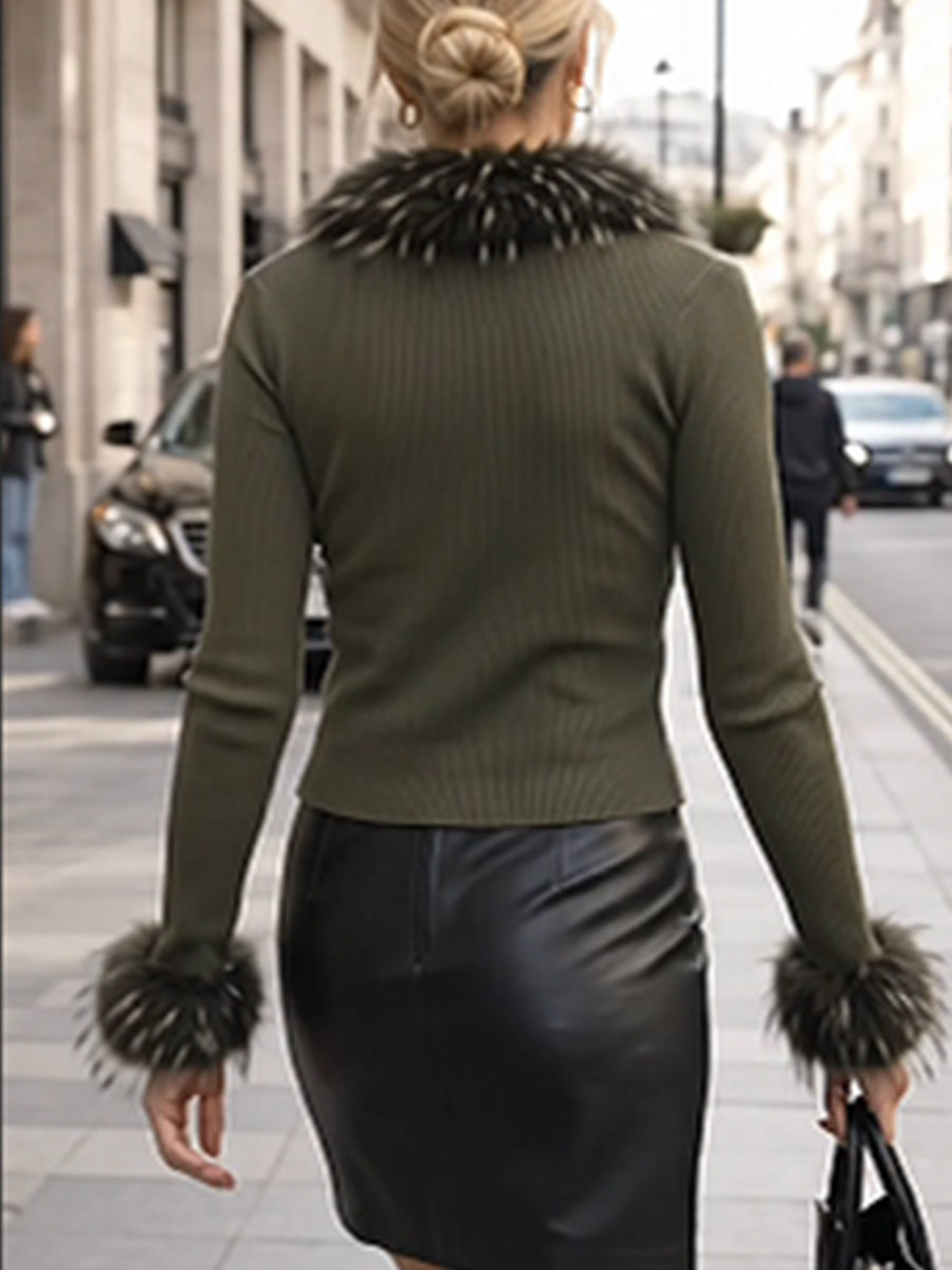 Chic Faux-fur Trimmed Ribbed Knit Wrap Top