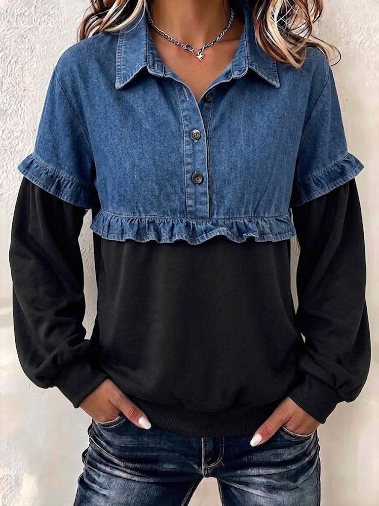 Denim Spliced Ruffle Half‑placket Sweatshirt
