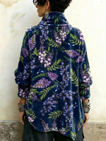 Velvet High-neck Top Featuring Wisteria Floral Motifs And Asymmetrical Front Button Detailing