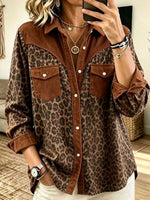 Women's Long-sleeve Corduroy Shirt With Leopard Print Panels, Lapel Collar, And Loose Casual Fit
