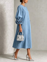 Curated Designer –Chic Chambray Denim 3D Rosette Sleeve Midi Dress