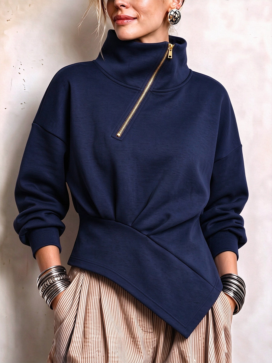 Asymmetric Diagonal-Zip High-Neck Sweatshirt