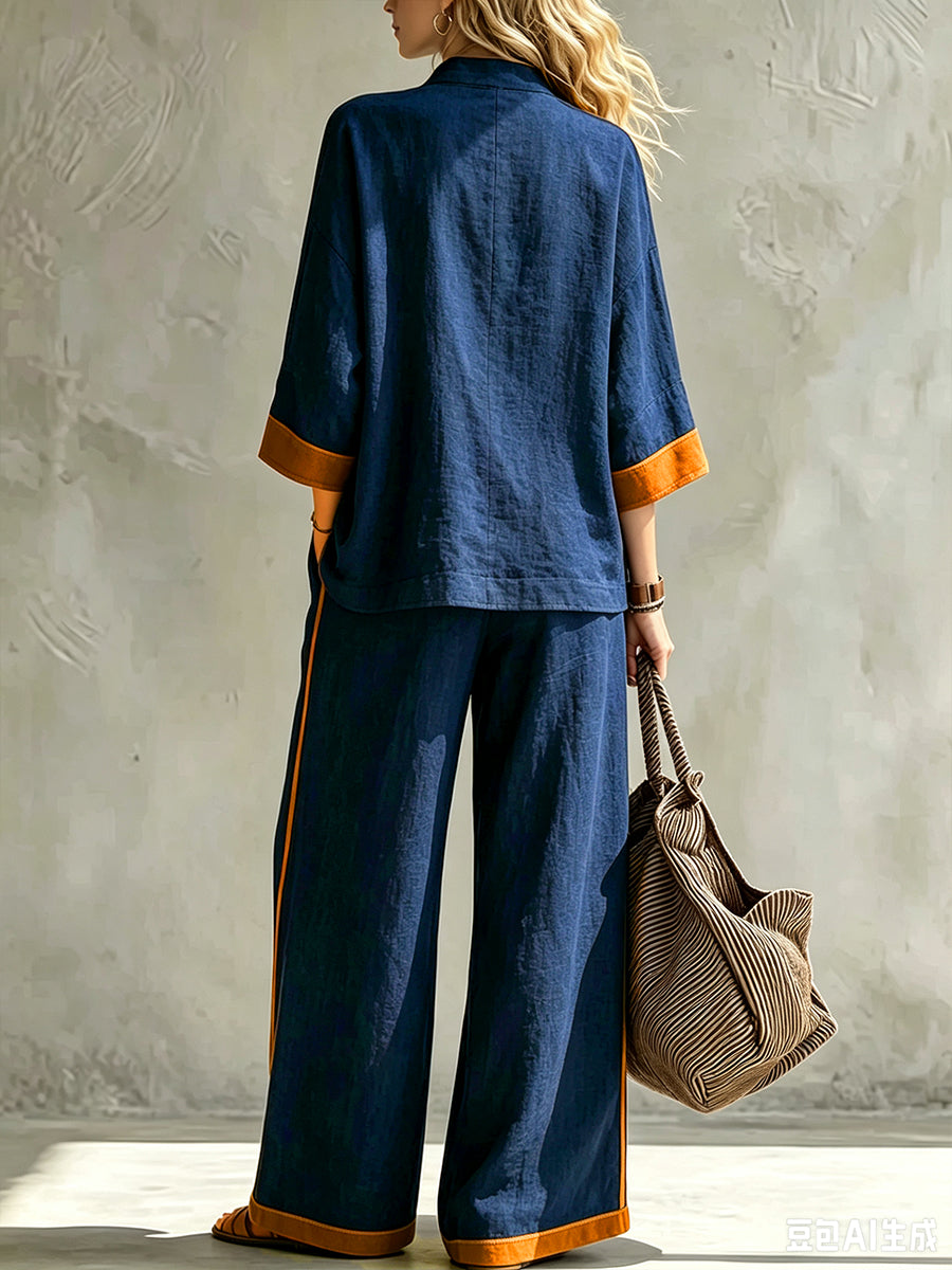 Chic Indigo Linen-Blend Contrast-Trim Tunic & Paneled Wide-Leg Pants